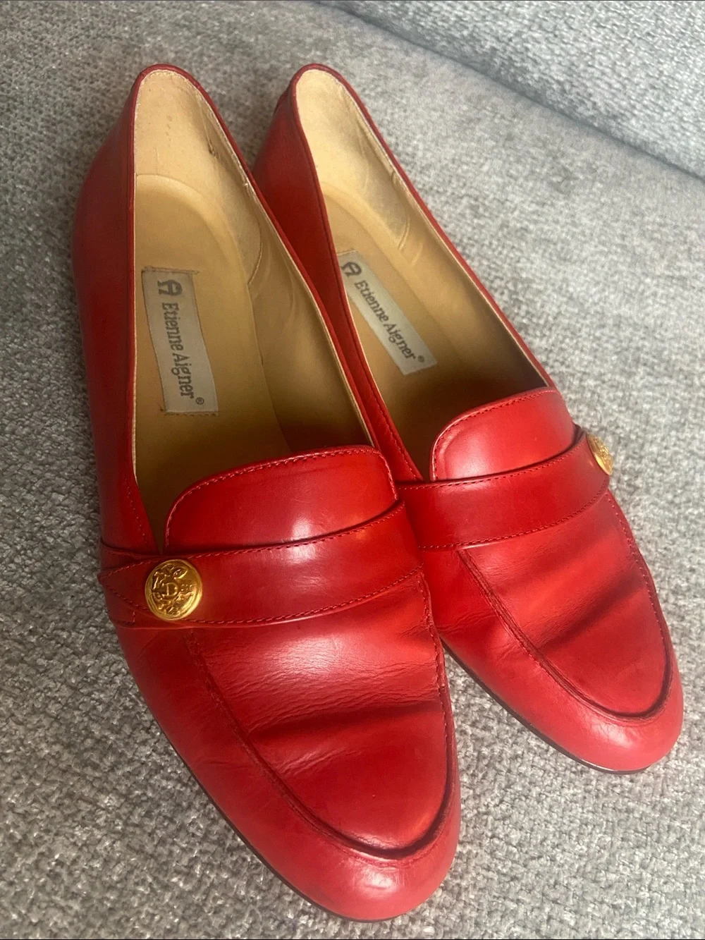 Etienne Aigner Womens  Red Leather Slip-On Loafers with Gold Emblem 9